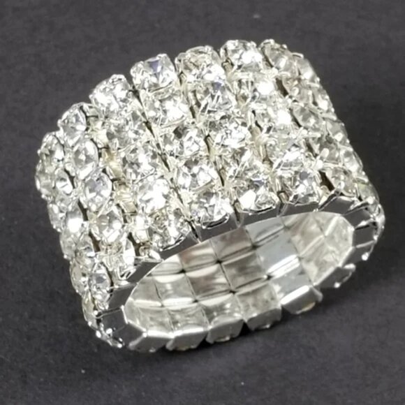Silver Stretch Ring with Clear Rhinestones – Glamorous Wide Band Bling Jewelry - Picture 10 of 11